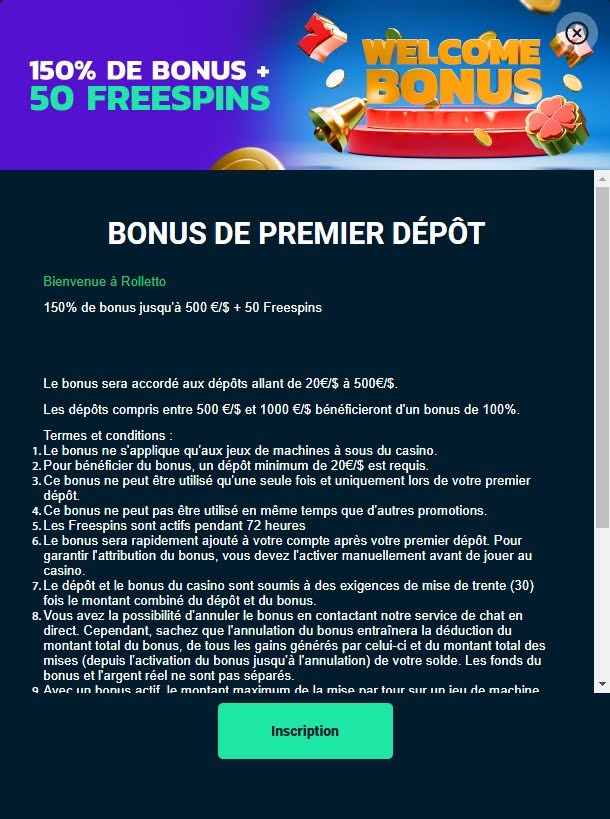 bonus premier depot rolletto casino