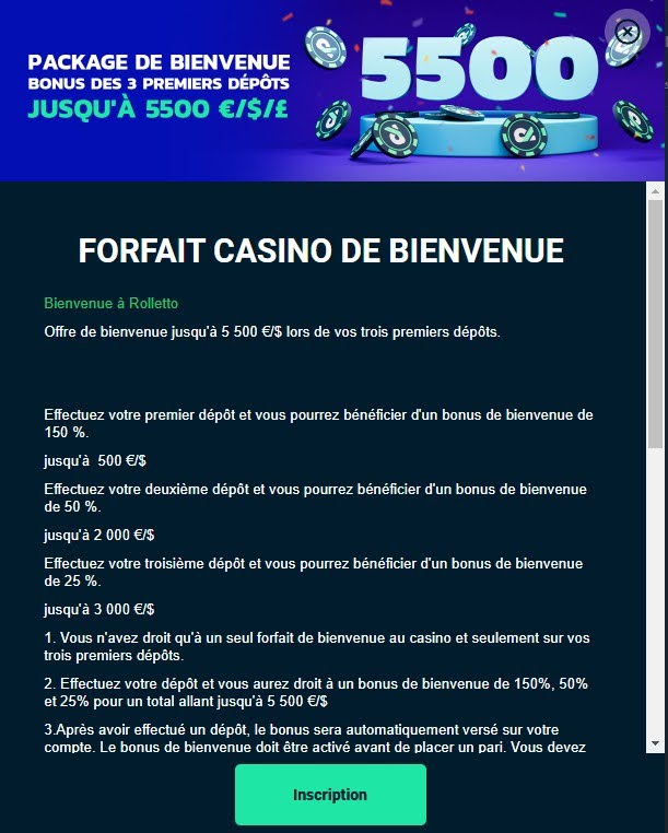 offre bienvenue rolletto casino